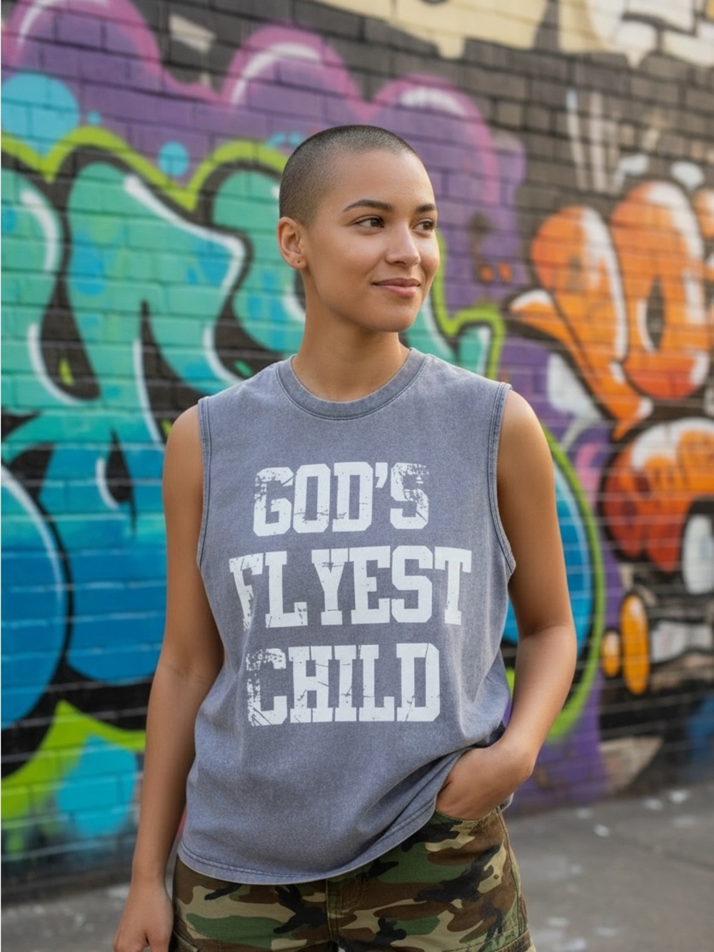 •God’s Flyest Child• Graphic Unisex Tank | Gray Acid Wash Sleeveless Tee